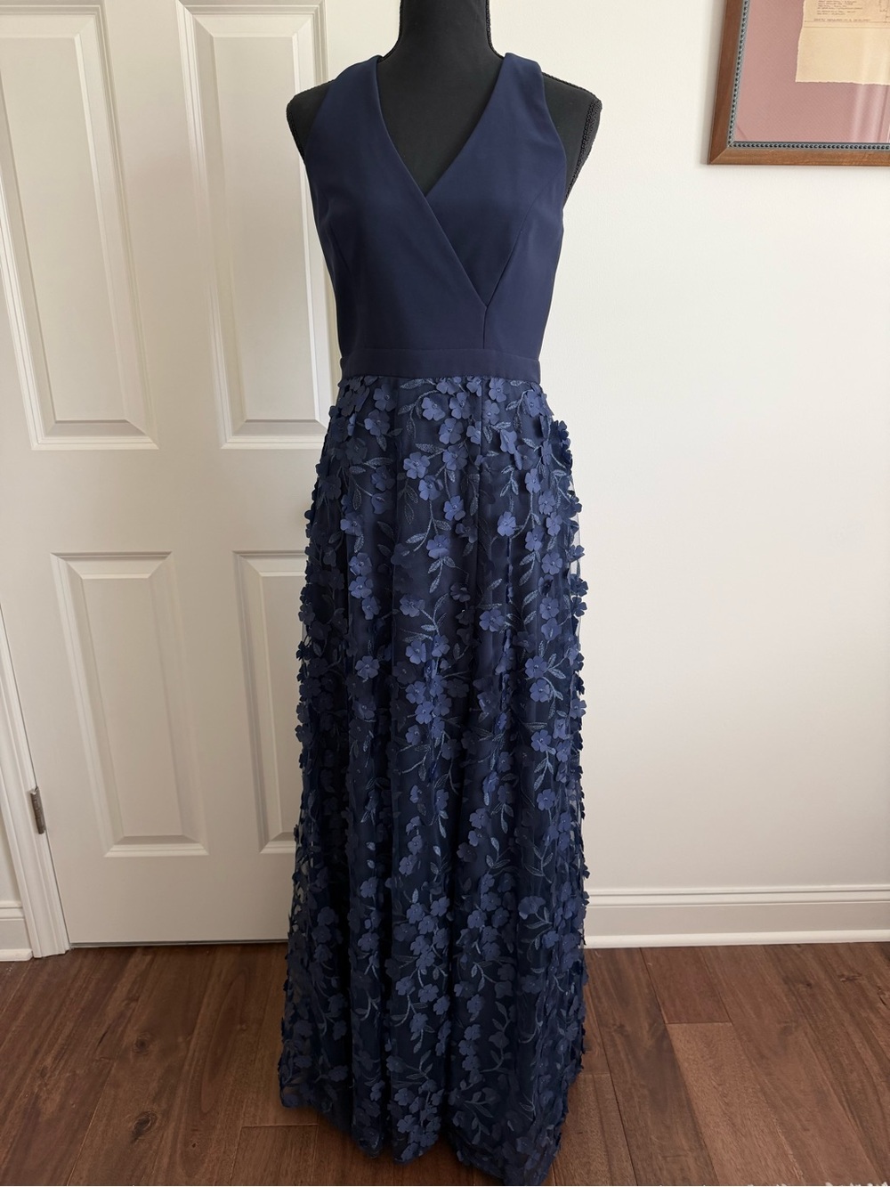 Elegant Navy V-Neck Floral Appliqué Maxi Dress
